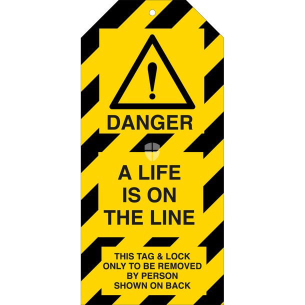 Brady Lockout Tagout Skilt med strip Danger a life is on the line 110x50 mm pk a 10 stk