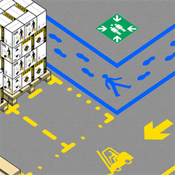 Ampere Skabelonst Lageropmrkning med fodspor, pil, truck, samlingspunkt og gende mand