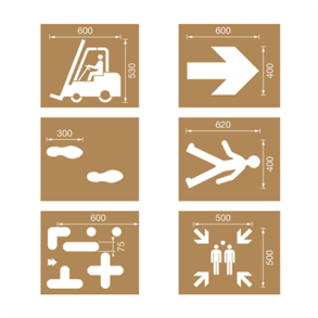 Ampere Skabelonst Lageropmrkning med fodspor, pil, truck, samlingspunkt og gende mand