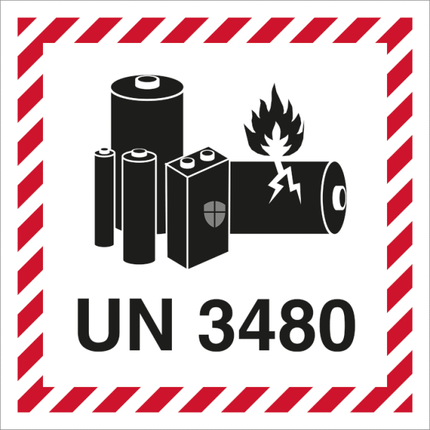 Skilt Fareseddel UN 3480 Lithium Batteri Etiket Selvklbende Vinyl Rulle med 250 stk.